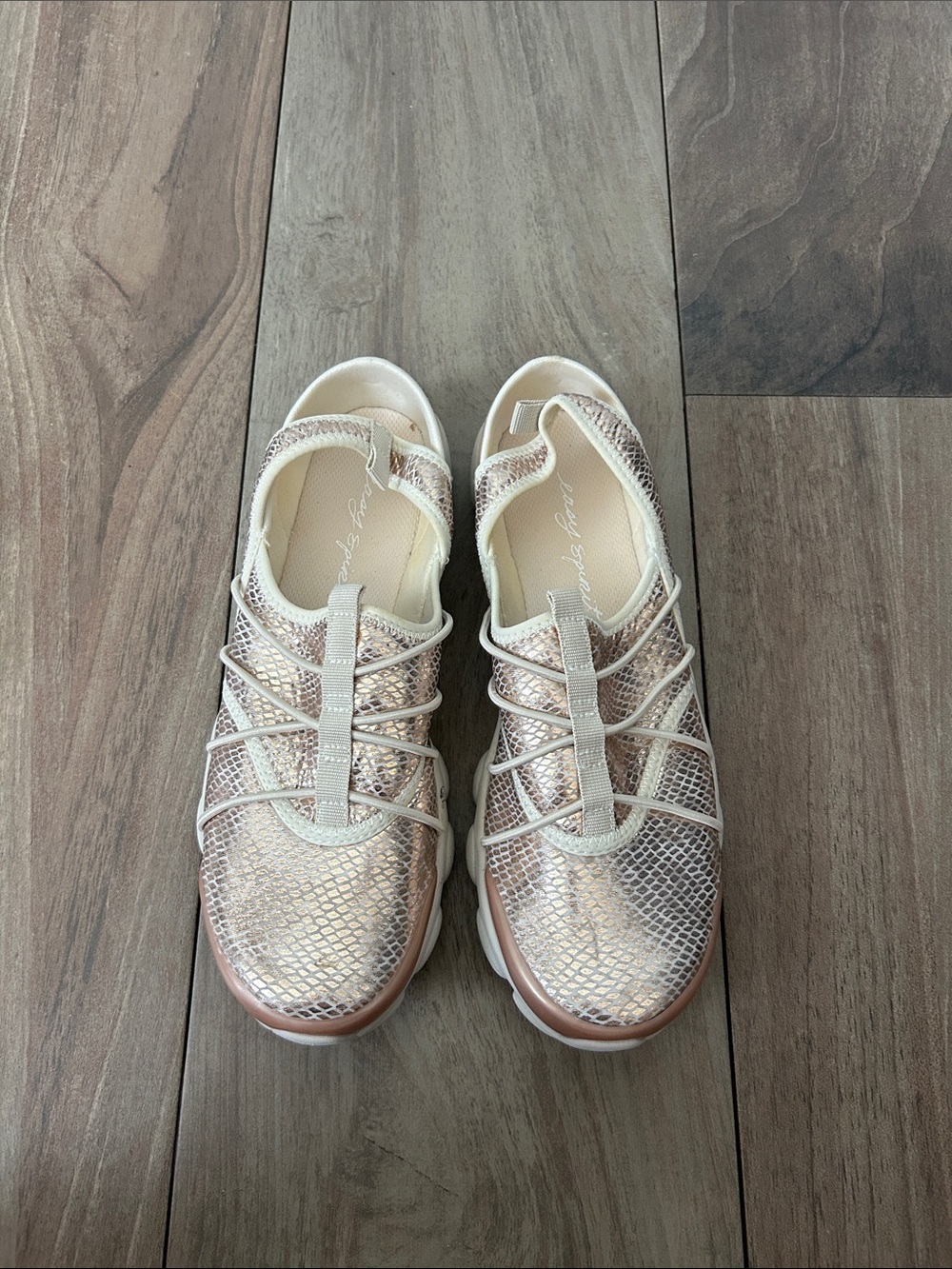 Women's Rose Gold Slip-On Sling Back Metallic Snake Print Athletic Sneakers